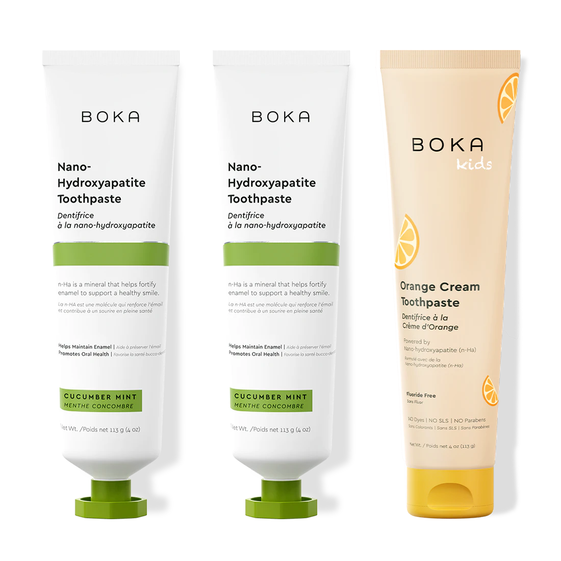 Three Boka Nano-Hydroxyapatite toothpaste on a white background