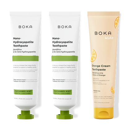 Three Boka Nano-Hydroxyapatite toothpaste on a white background