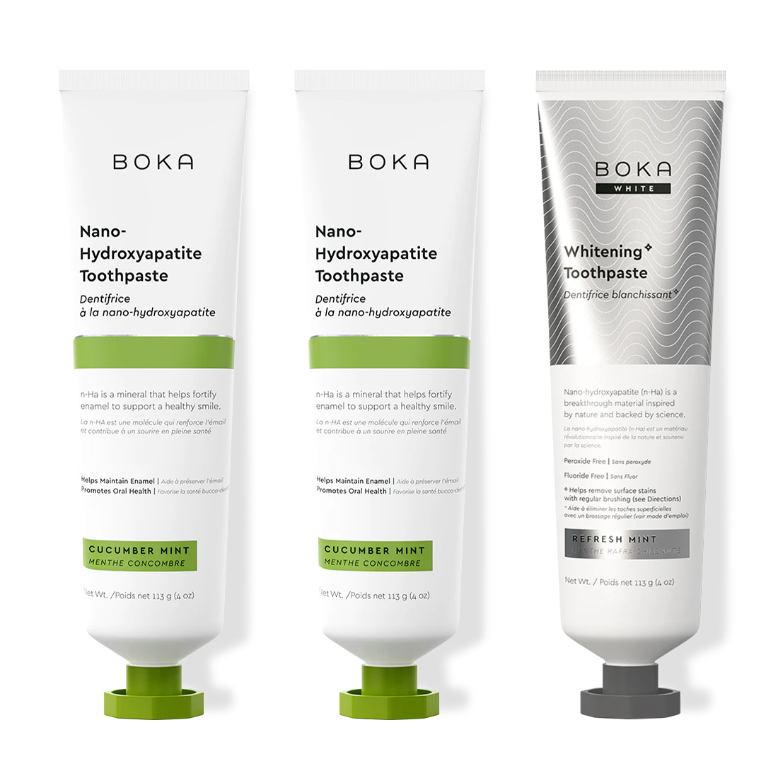 Three bottles of Boka Nano-Hydroxyapatite Toothpaste on a white background