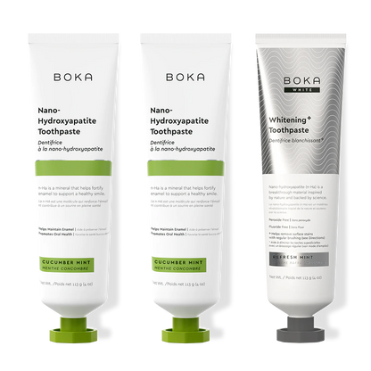 Three bottles of Boka Nano-Hydroxyapatite Toothpaste on a white background