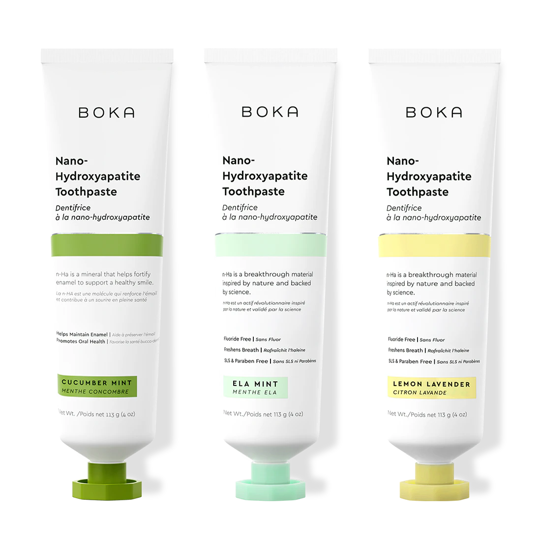 Three bottles of Boka Nano-Hydroxyapatite Toothpaste on a white background