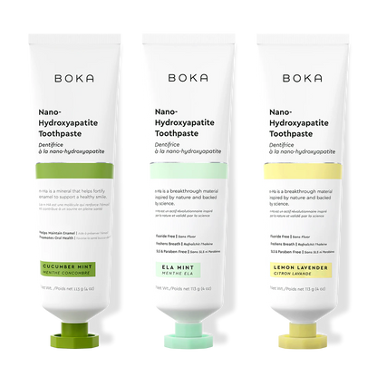 Three bottles of Boka Nano-Hydroxyapatite Toothpaste on a white background