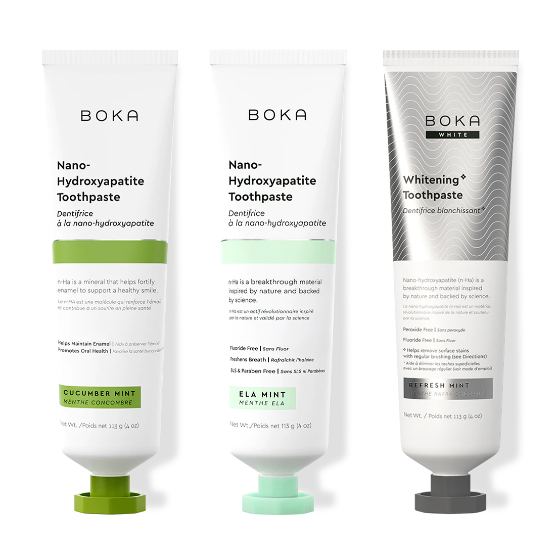 Three bottles of Boka Nano-Hydroxyapatite Toothpaste on a white background