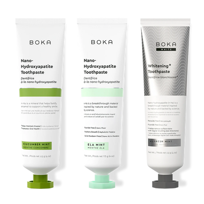 Three bottles of Boka Nano-Hydroxyapatite Toothpaste on a white background