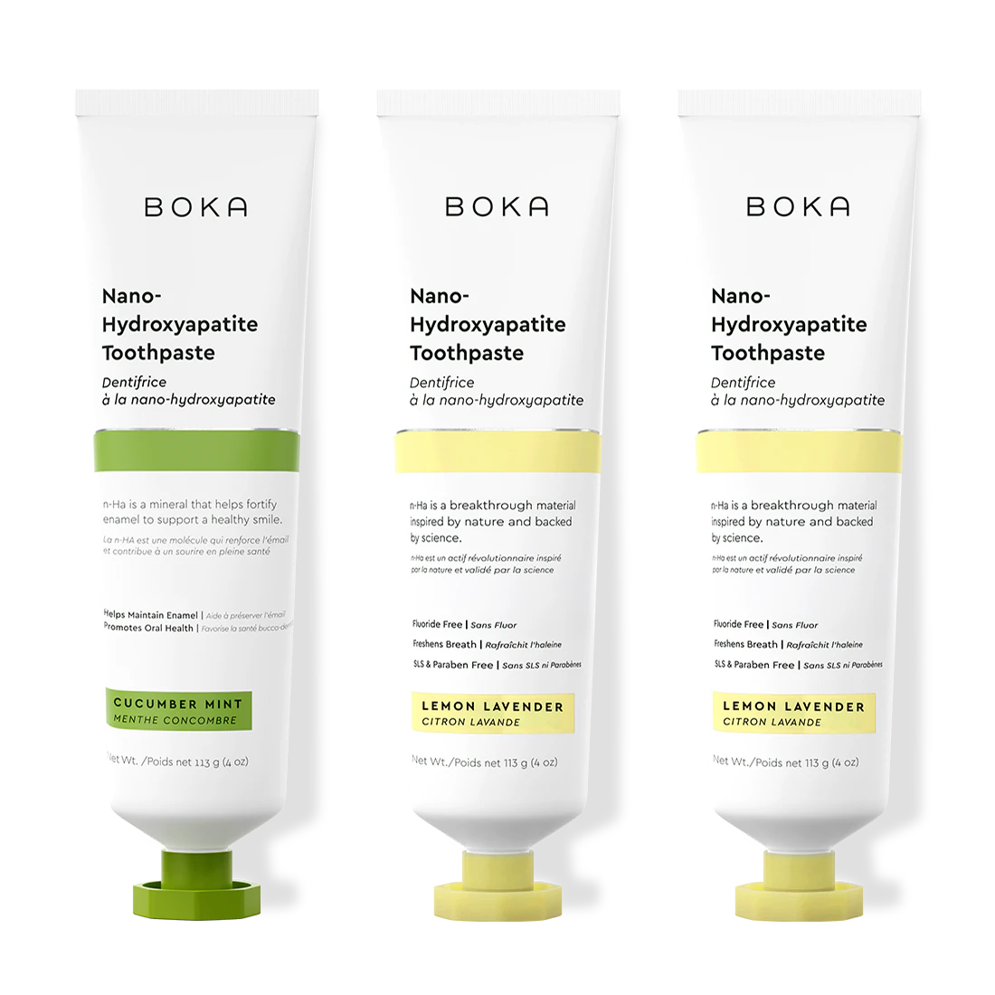 Three bottles of Boka Nano-Hydroxyapatite Toothpaste on a white background