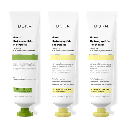 Three bottles of Boka Nano-Hydroxyapatite Toothpaste on a white background