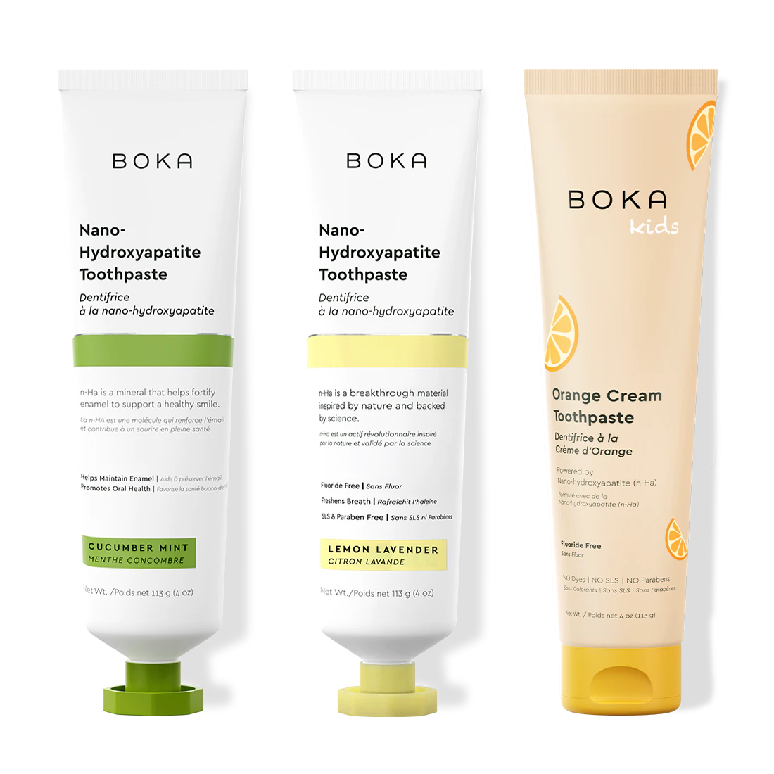 Three bottles of Boka Nano-Hydroxyapatite Toothpaste on a white background