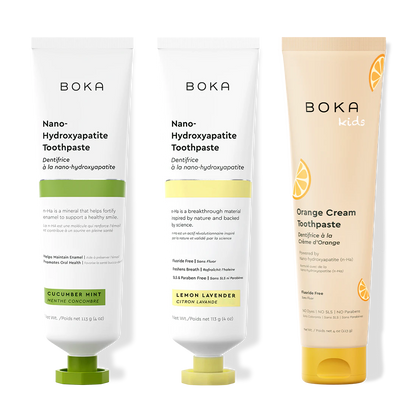 Three bottles of Boka Nano-Hydroxyapatite Toothpaste on a white background