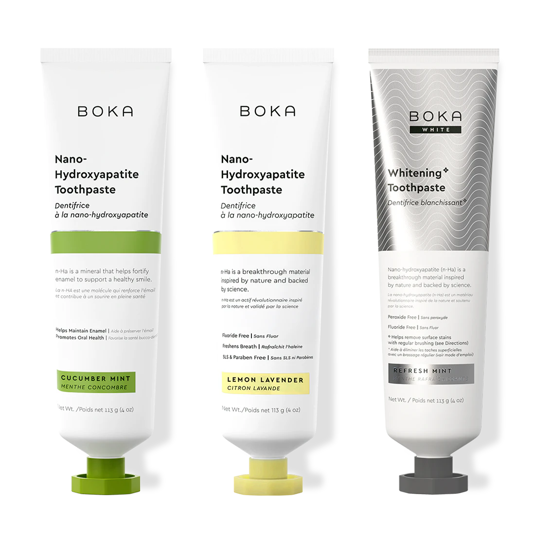 Three bottles of Boka Nano-Hydroxyapatite Toothpaste on a white background