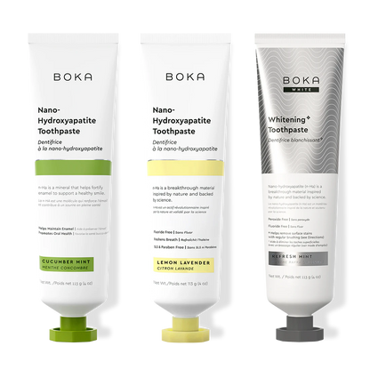 Three bottles of Boka Nano-Hydroxyapatite Toothpaste on a white background
