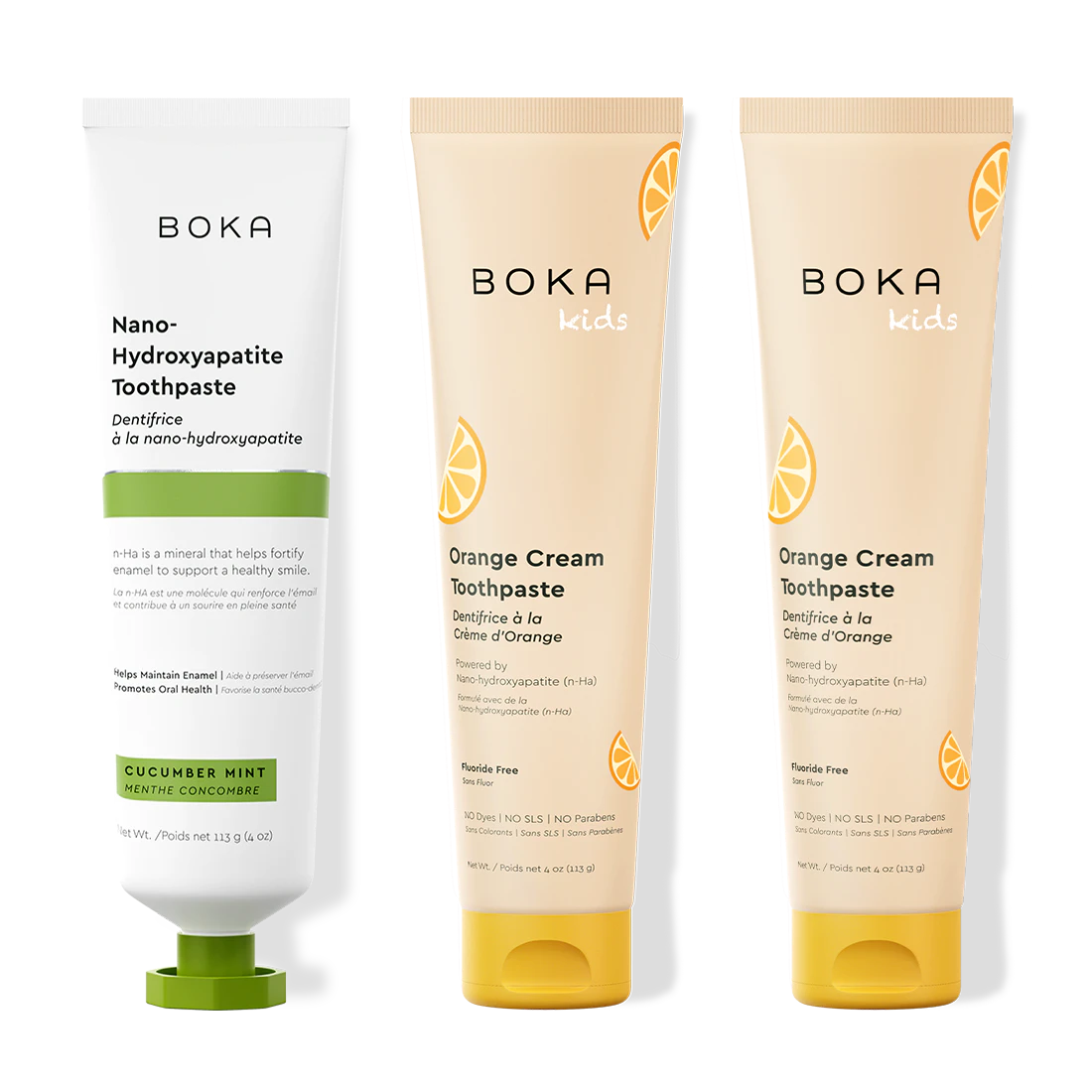 Three bottles of Boka Nano-Hydroxyapatite Toothpaste on a white background