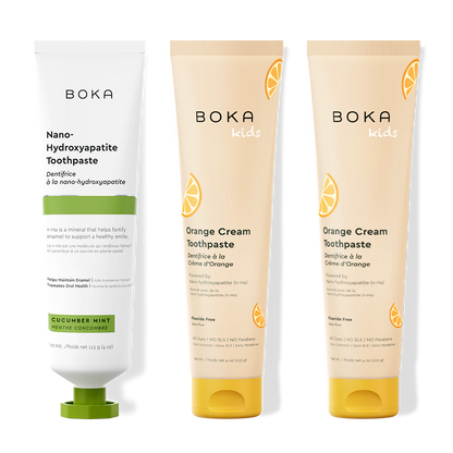 Three bottles of Boka Nano-Hydroxyapatite Toothpaste on a white background