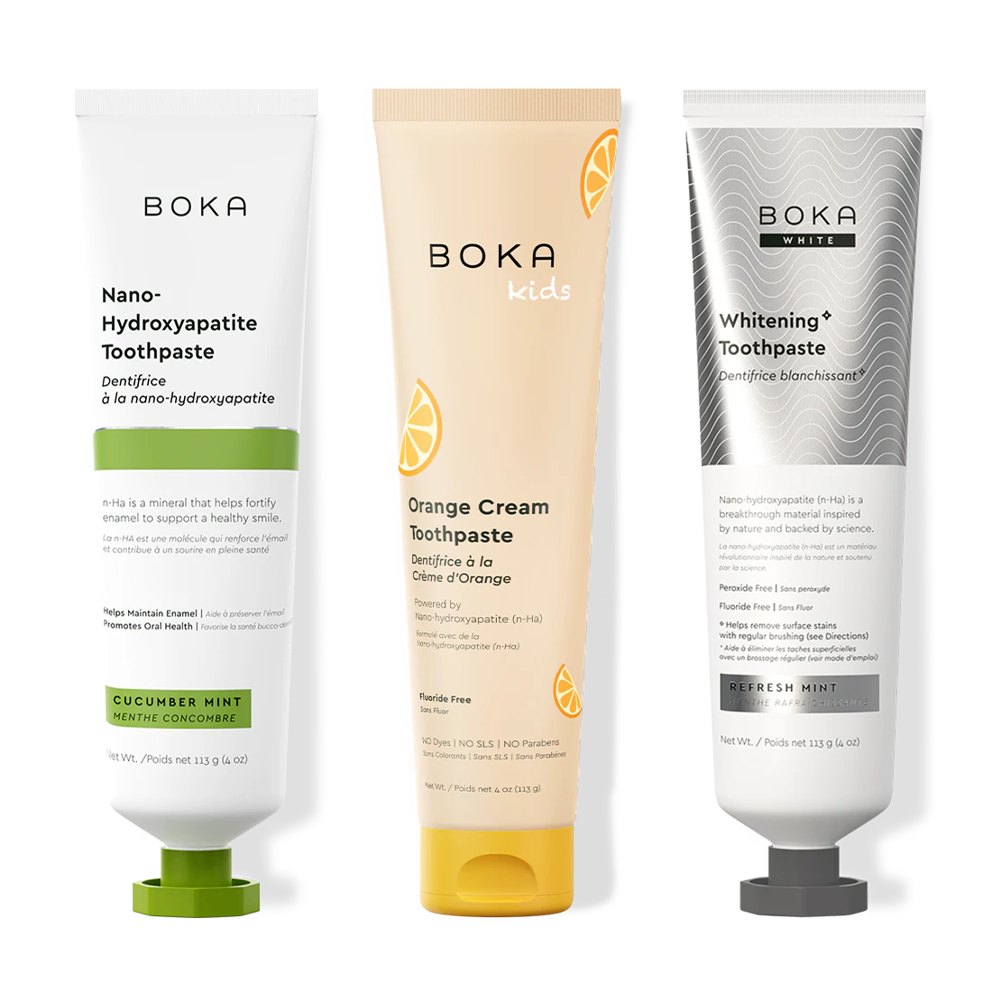 Three bottles of Boka Nano-Hydroxyapatite Toothpaste on a white background