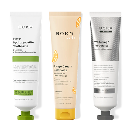 Three bottles of Boka Nano-Hydroxyapatite Toothpaste on a white background
