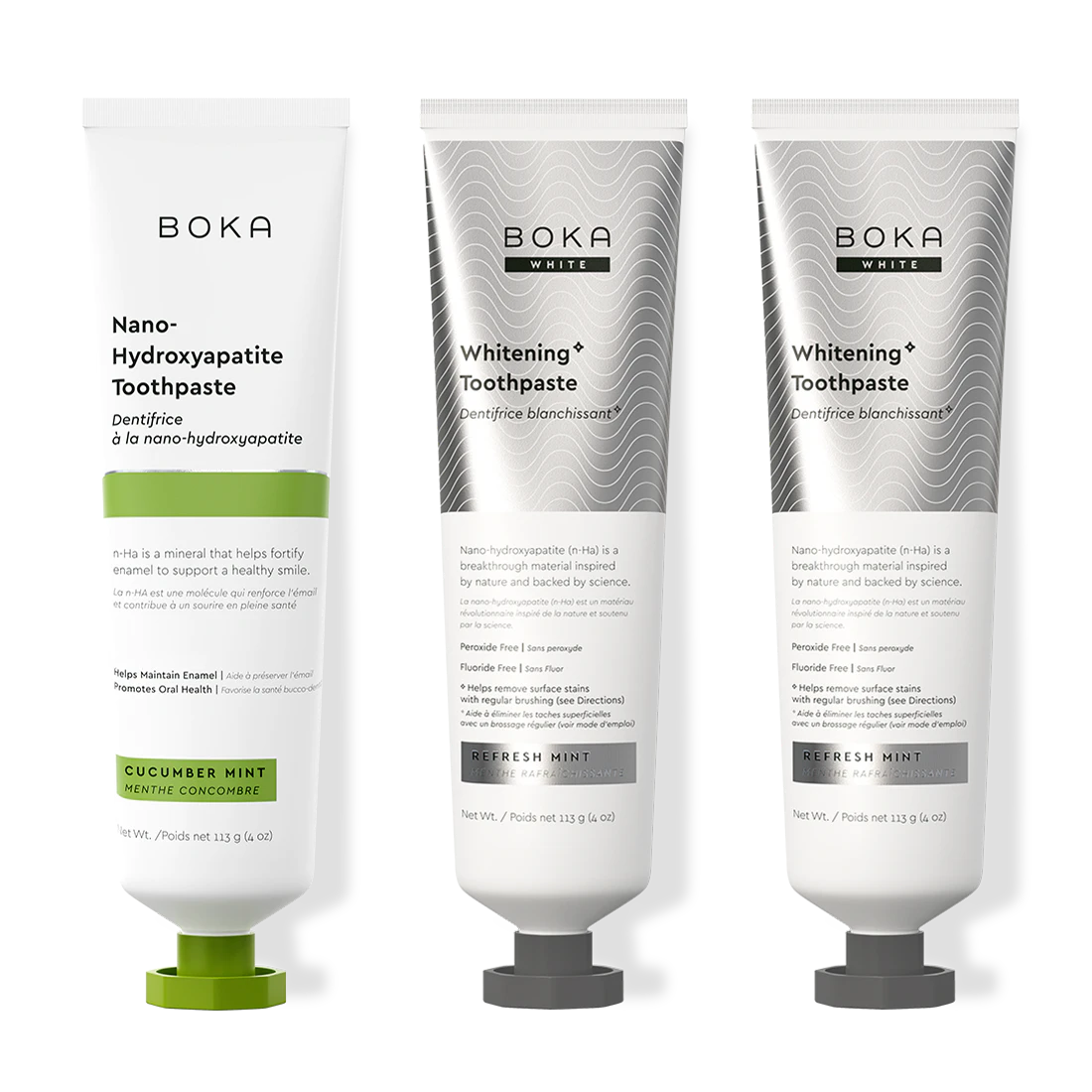 Three bottles of Boka Nano-Hydroxyapatite Toothpaste on a white background