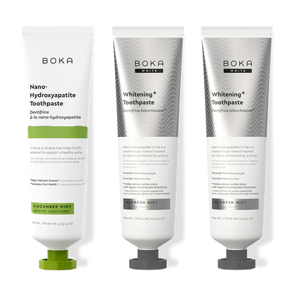 Three bottles of Boka Nano-Hydroxyapatite Toothpaste on a white background