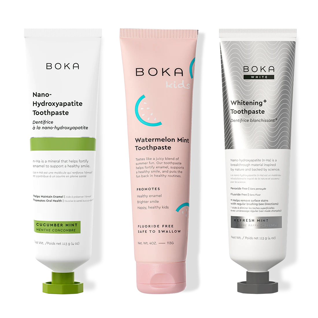 Three bottles of Boka Nano-Hydroxyapatite Toothpaste on a white background
