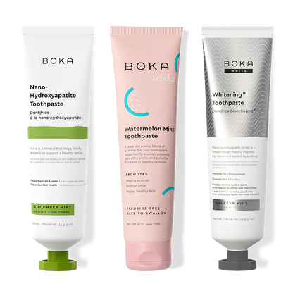Three bottles of Boka Nano-Hydroxyapatite Toothpaste on a white background