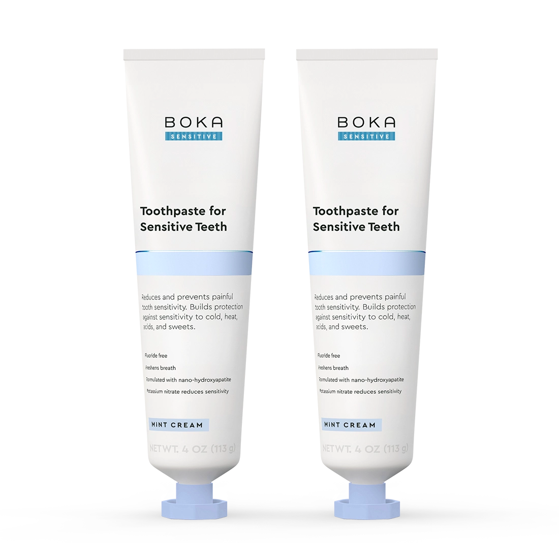 Two tubes of Boka Toothpaste for Sensitive Teeth on a white background