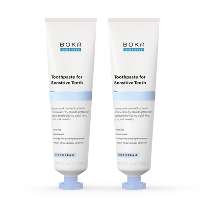 Two tubes of Boka Toothpaste for Sensitive Teeth on a white background