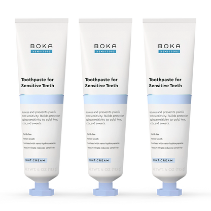 Three tubes of Boka Sensitive Toothpaste for Sensitive Teeth on a white background