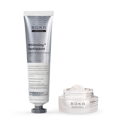 Boka Whitening Toothpaste and Brightening Powder on a white background