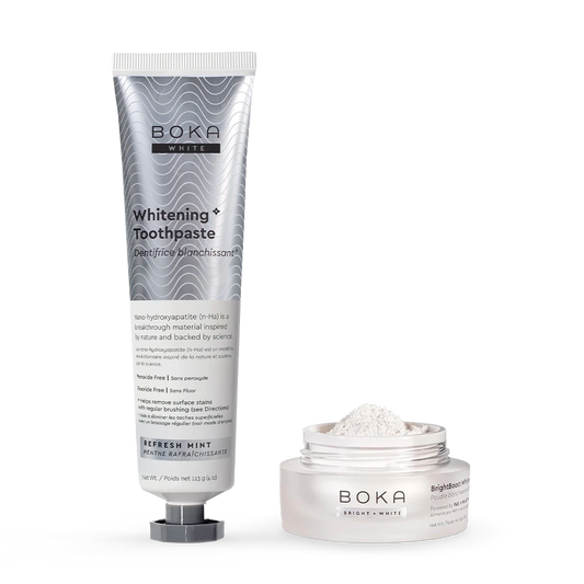 Boka Whitening Toothpaste and Brightening Powder on a white background