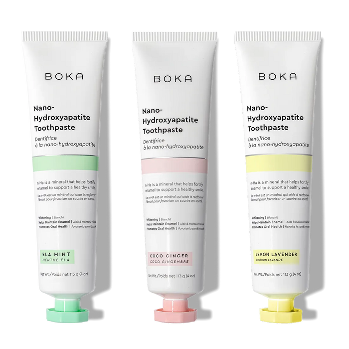 N-Ha Toothpaste 3-Pack: oral care with nano-hydroxyapatite and unique flavors in each tube.