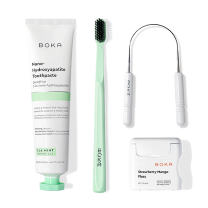 Starter Kit: includes nano-hydroxyapatite toothpaste, green toothbrush, and strawberry mango floss.