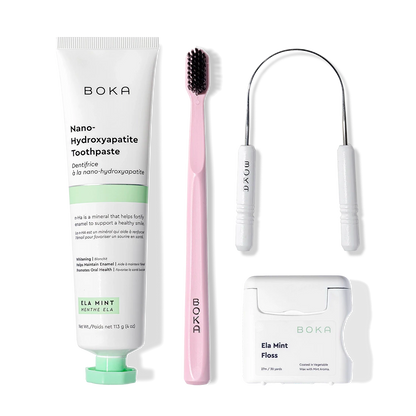 Starter Kit with nano-hydroxyapatite toothpaste, pink toothbrush, tongue cleaner & dental floss.