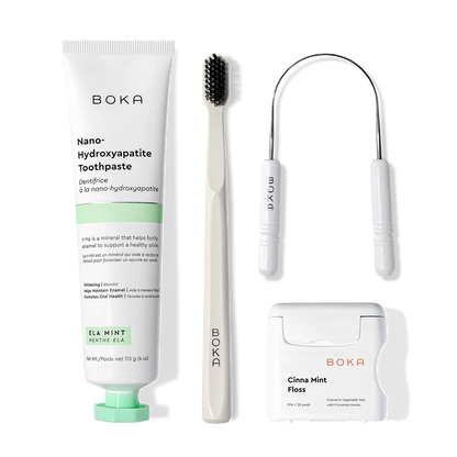 Boka Starter Kit: n-Ha toothpaste, charcoal bristle brush, tongue cleaner, and Cinna Mint floss.