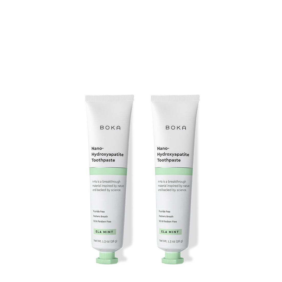 Two tubes of Boka Nano-Hydroxyapatite Toothpaste on a white background