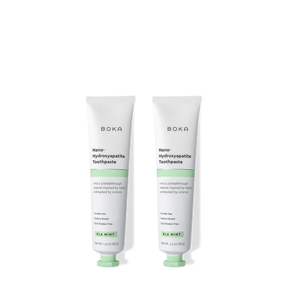 Two tubes of Boka Nano-Hydroxyapatite Toothpaste on a white background