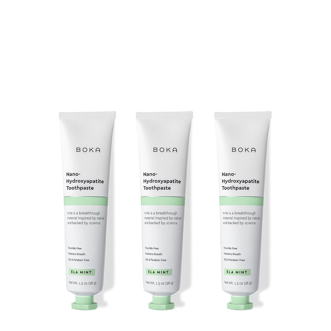 Three tubes of Boka Nano Hydroxyapatite Toothpaste on a white background