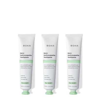 Three tubes of Boka Nano Hydroxyapatite Toothpaste on a white background