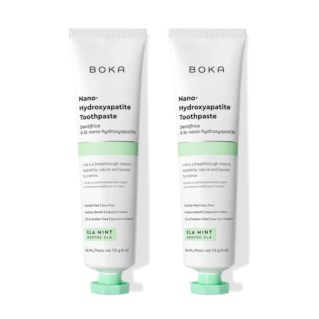 Two tubes of Boka Nano-Hydroxyapatite Toothpaste on a white background