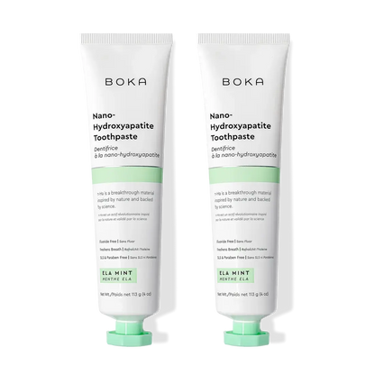 Two tubes of Boka Nano-Hydroxyapatite Toothpaste on a white background