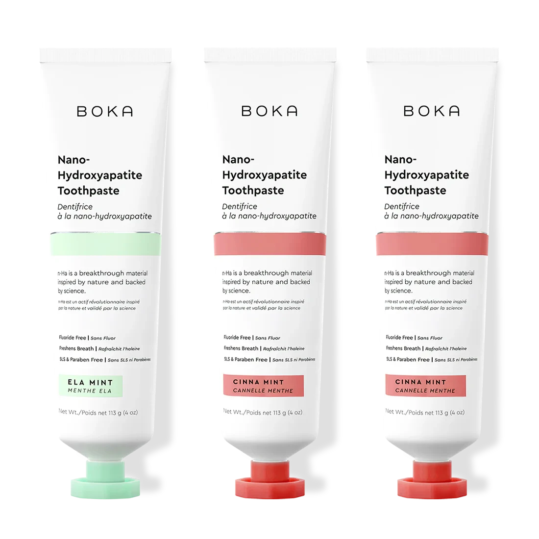 Three tubes of Boka Nano-Hydroxyapatite Toothpaste with different flavors on a white background.