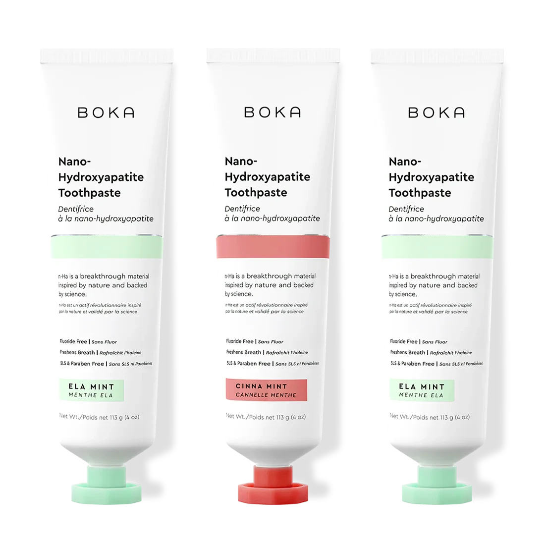 Three tubes of Boka Nano-Hydroxyapatite Toothpaste with different flavors on a white background.