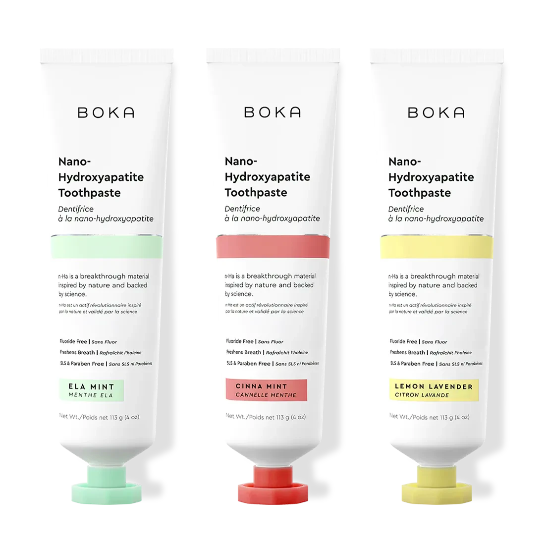 Three tubes of Boka Nano-Hydroxyapatite Toothpaste with different flavors on a white background.