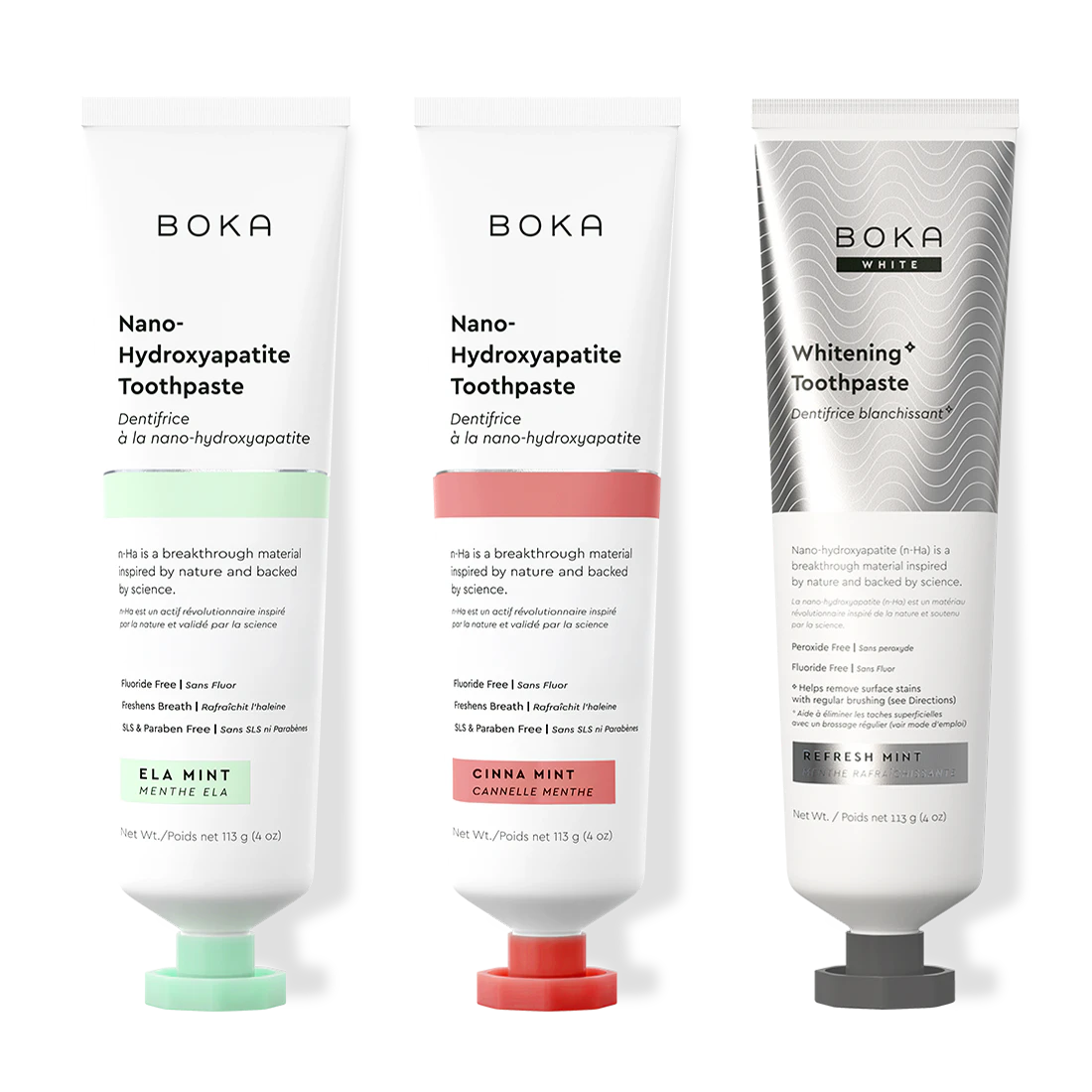 Three bottles of Boka Nano-Hydroxyapatite Toothpaste on a white background