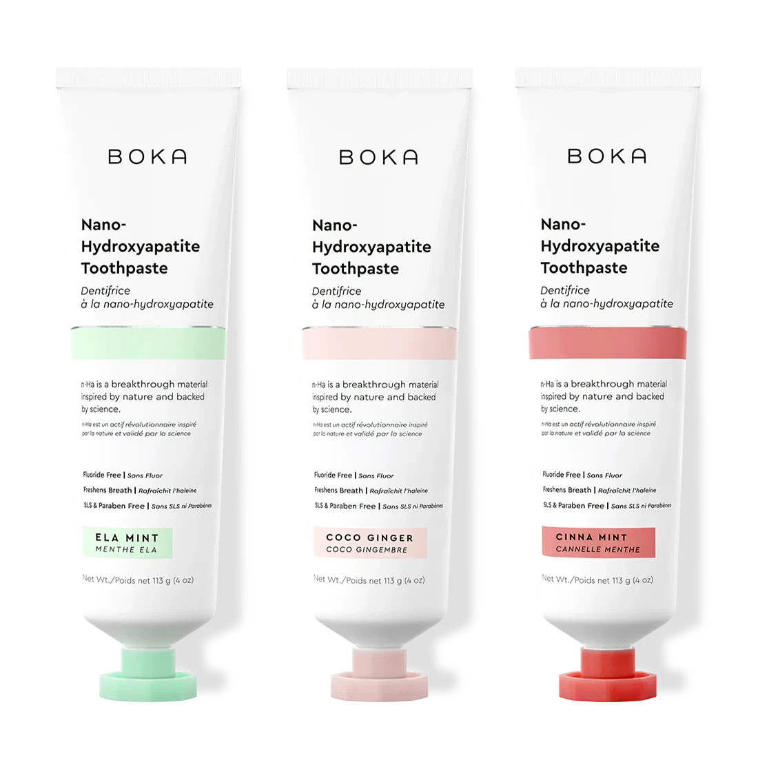 Three tubes of Boka Nano-Hydroxyapatite Toothpaste with different flavors on a white background.