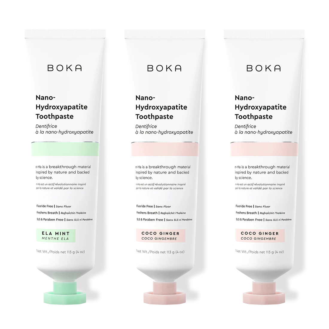 Three tubes of Boka Nano-Hydroxyapatite Toothpaste on a white background