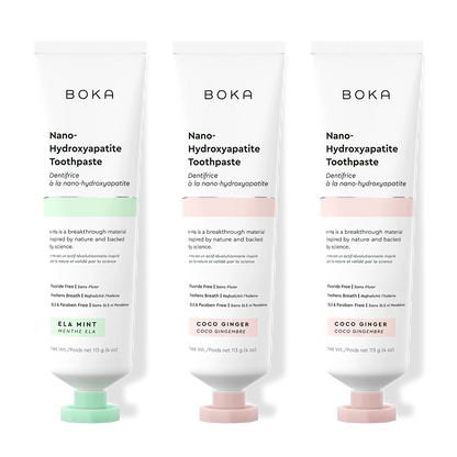 Three tubes of Boka Nano-Hydroxyapatite Toothpaste on a white background