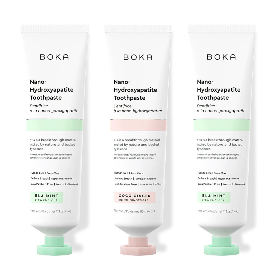 Three tubes of Boka Nano-Hydroxyapatite Toothpaste on a white background