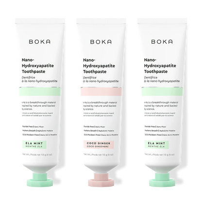 Three tubes of Boka Nano-Hydroxyapatite Toothpaste on a white background
