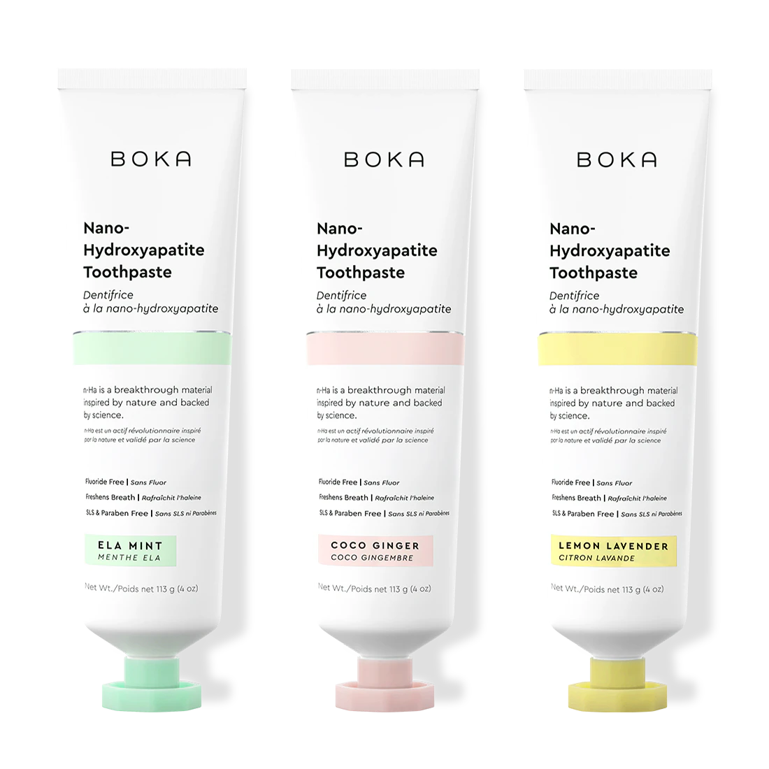 Three tubes of Boka Nano-Hydroxyapatite Toothpaste on a white background