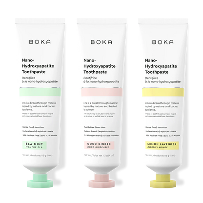 Three tubes of Boka Nano-Hydroxyapatite Toothpaste on a white background