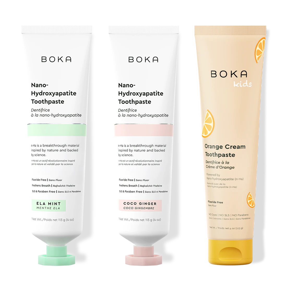 Three tubes of Boka Nano-Hydroxyapatite Toothpaste on a white background