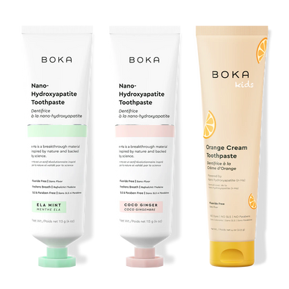Three tubes of Boka Nano-Hydroxyapatite Toothpaste on a white background